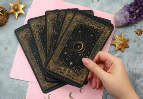 Tarot card reading session with beautifully designed cards on a pink background photo
