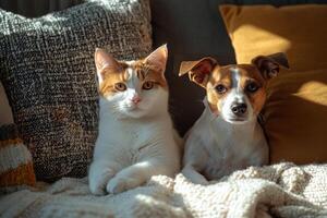 A cat and a dog resting together on a cozy sofa surrounded by warm decor in a living room photo