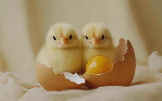 Two adorable newly hatched chicks sitting beside an eggshell in a cozy setting photo