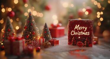 Festive Christmas decorations featuring miniature trees, gifts, and a greeting card in cozy ambiance photo