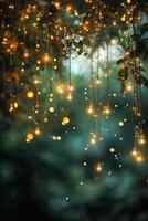 Magical forest atmosphere with suspended lights and shimmering bokeh in a lush greenery setting photo