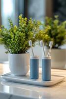 Two blue grooming tools beside a potted plant and a white bowl in a cozy bathroom setting photo