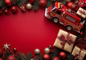 Festive holiday decorations featuring a toy fire truck and wrapped gifts on a red background photo