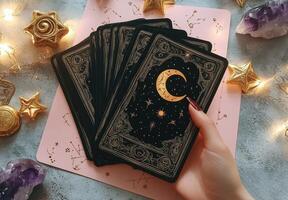 Tarot card reading session with beautifully designed cards on a pink background photo