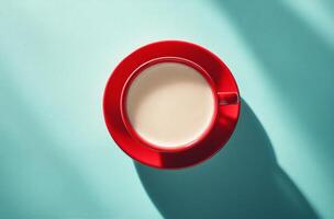 A steaming cup of coffee in a bright red mug on a blue surface showing morning sunlight photo