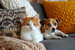A cat and a dog resting together on a cozy sofa surrounded by warm decor in a living room photo