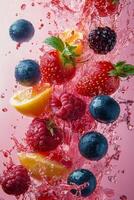Fresh berries create a splash in vibrant pink liquid, capturing a lively and fruity moment photo