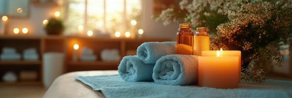 Relaxing spa setting with candles, essential oils, and fresh towels in a tranquil environment photo