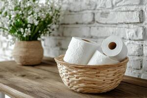Decorative kitchen setting featuring rolls of paper towels in a woven basket with flowers photo