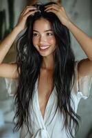 Young woman enjoying a refreshing shower in a modern bathroom during the day in a serene atmosphere photo