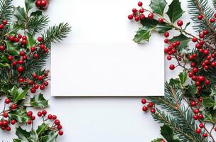 Festive holiday decoration with evergreen branches, red berries, and ornaments on a white background photo