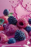 Fresh berries create a splash in vibrant pink liquid, capturing a lively and fruity moment photo