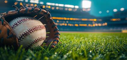 A baseball glove rests beside a ball on the grass at a dimly lit stadium during evening play photo