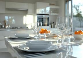 Bright and airy kitchen with white decor and fresh flowers on a sunny day photo