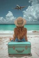 Woman waiting at the beach with suitcase as airplane flies overhead on a sunny day photo