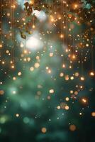 Magical forest atmosphere with suspended lights and shimmering bokeh in a lush greenery setting photo
