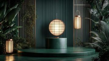 Stylish green and gold decorative lanterns illuminated in a modern interior space photo