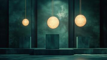 Stylish green and gold decorative lanterns illuminated in a modern interior space photo