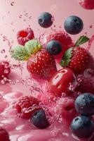 Fresh berries create a splash in vibrant pink liquid, capturing a lively and fruity moment photo