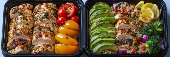 Healthy grilled chicken meal prep with quinoa, fresh vegetables, and vibrant garnishes photo