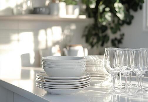 Elegant dining setup featuring stacked plates and glassware in a modern kitchen environment photo