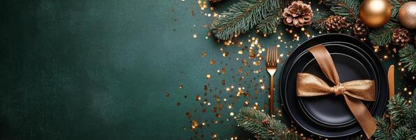 A beautifully arranged holiday table features a black plate tied with a gold ribbon photo