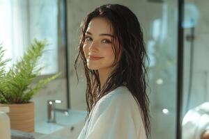 Young woman with wet hair smiling in bright bathroom with greenery and natural light photo