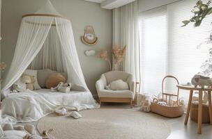 Cozy and minimalistic baby nursery with natural wood furniture and soft textures photo