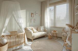 Cozy and minimalistic baby nursery with natural wood furniture and soft textures photo