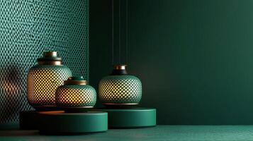 Stylish green and gold decorative lanterns illuminated in a modern interior space photo