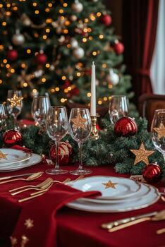 Elegant Christmas dinner table setting with festive decorations and warm lighting in December photo
