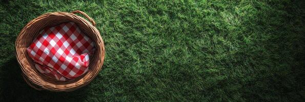 A woven basket rests on vibrant green grass with a red and white checkered cloth inside photo