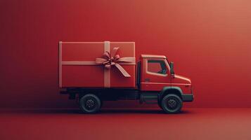 A red truck delivering a large gift box on a vibrant red background photo