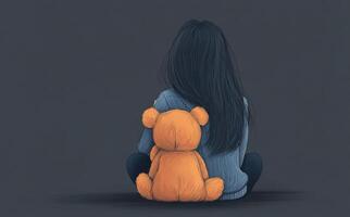Young girl sitting quietly with a teddy bear in a dimly lit room during evening hours photo