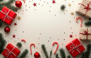 Colorful holiday gift boxes arranged with festive decorations on a light background photo