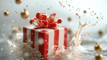 Festive gift box adorned with red ribbon and golden decorations on a white background photo