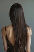 A person with long black hair in a ponytail poses in a dark dress against a plain background photo