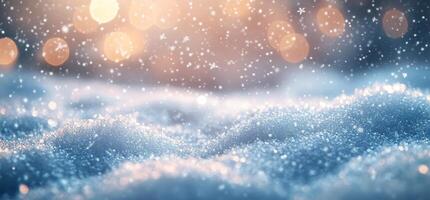 Soft snowflakes gently fall over a shimmering winter landscape during a serene twilight hour photo