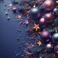 Decorative Christmas ornaments and stars arranged on a festive blue background photo