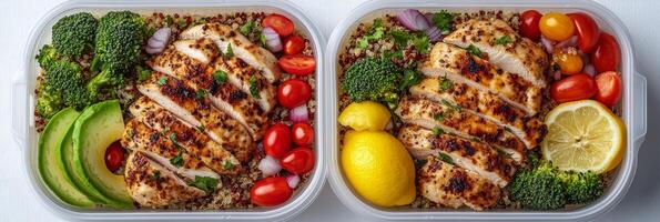 Healthy grilled chicken meal prep with quinoa, fresh vegetables, and vibrant garnishes photo