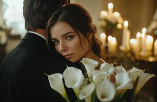 A couple embraces in a dimly lit room decorated with candles and fresh calla lilies photo