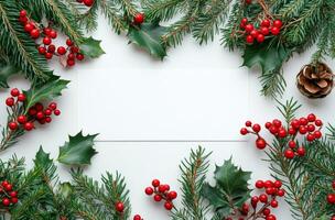 Festive holiday card surrounded by evergreen branches and red berries on a light background photo