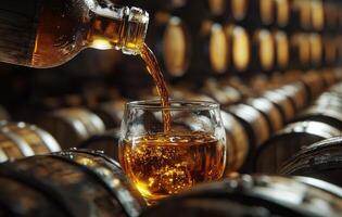 Pouring golden whiskey into a glass from a bottle in a rustic distillery setting photo