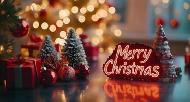 Festive decorations with Christmas trees and gifts create a joyful holiday atmosphere at night photo