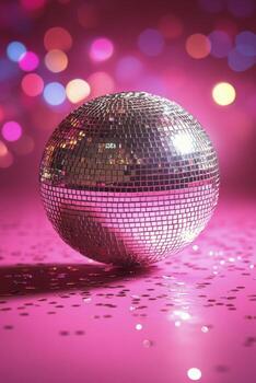 Shimmering disco ball on a vibrant pink background with sparkling lights in the background photo