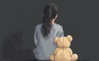 Young girl sitting quietly with a teddy bear in a dimly lit room during evening hours photo