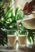 Pouring fresh milk into glasses in a cozy kitchen with green plants in the background photo