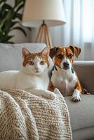 A cat and dog relaxing together on a cozy couch in a warmly lit living room photo