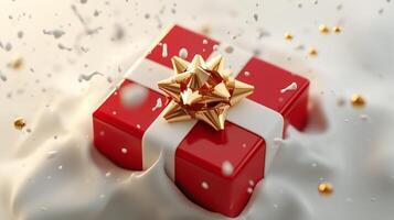 Festive gift box adorned with red ribbon and golden decorations on a white background photo