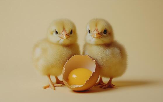 Two adorable newly hatched chicks sitting beside an eggshell in a cozy setting photo